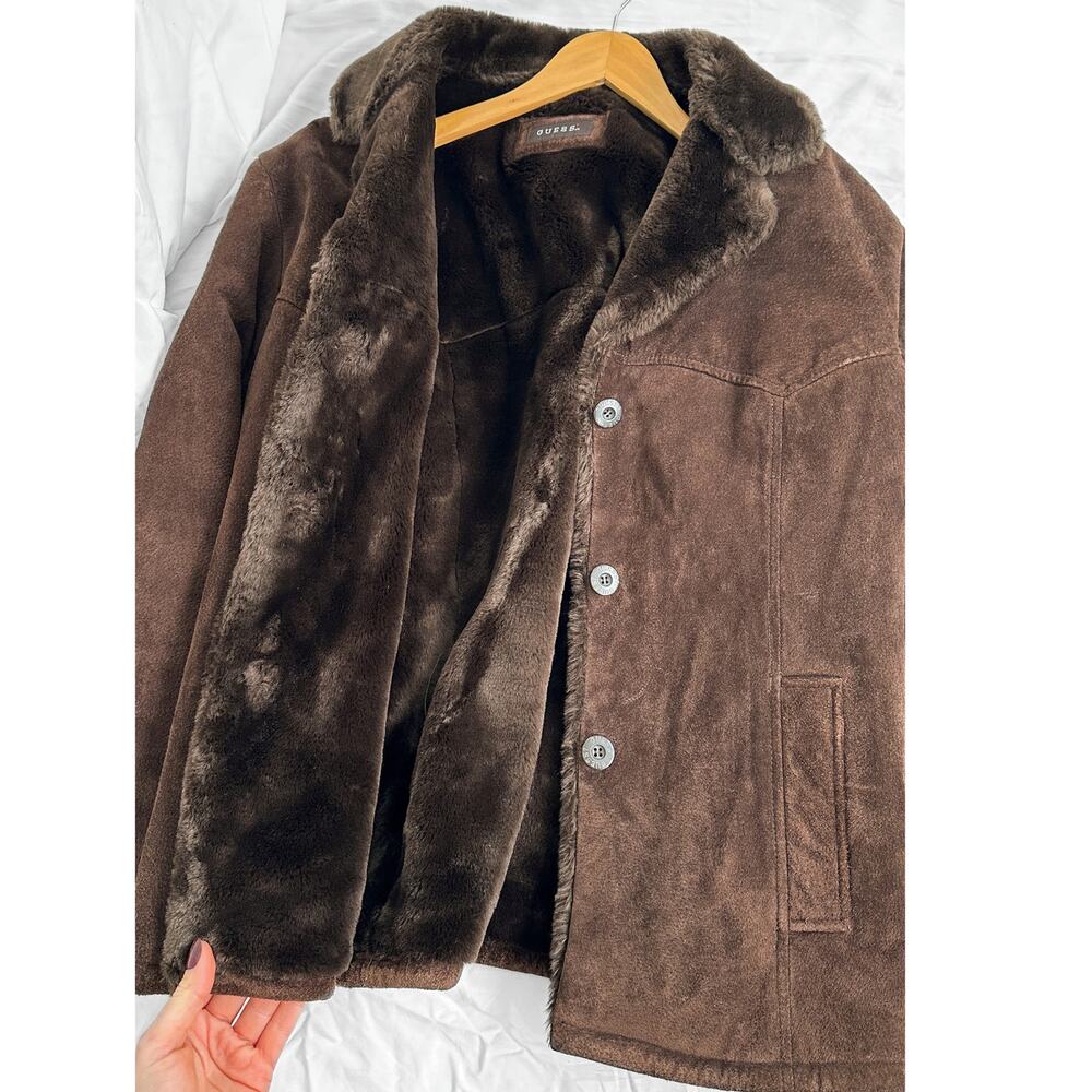 Vintage 90s 00s Guess Chocolate Brown Suede Leather Faux Fur Winter Coat large - Picture 5 of 7